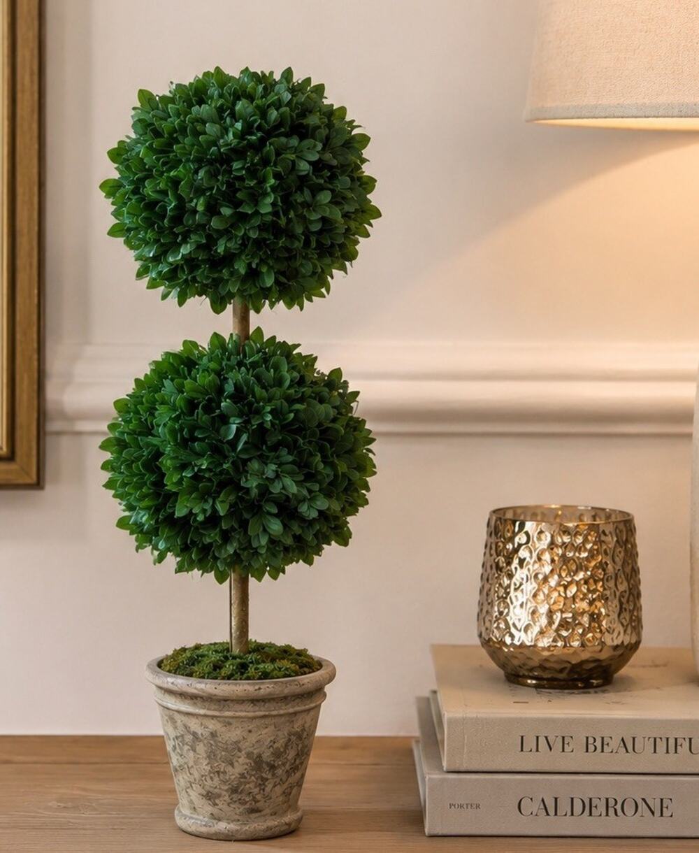 Faux Boxwood Topiary Tree Double Ball Artificial Potted Plant Decorative Pot 23”